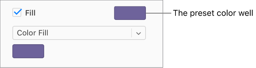 The Fill checkbox is selected in the sidebar, and the preset color well to the right of the checkbox is filled with purple. Below the checkbox, Color Fill is chosen in a pop-up menu.