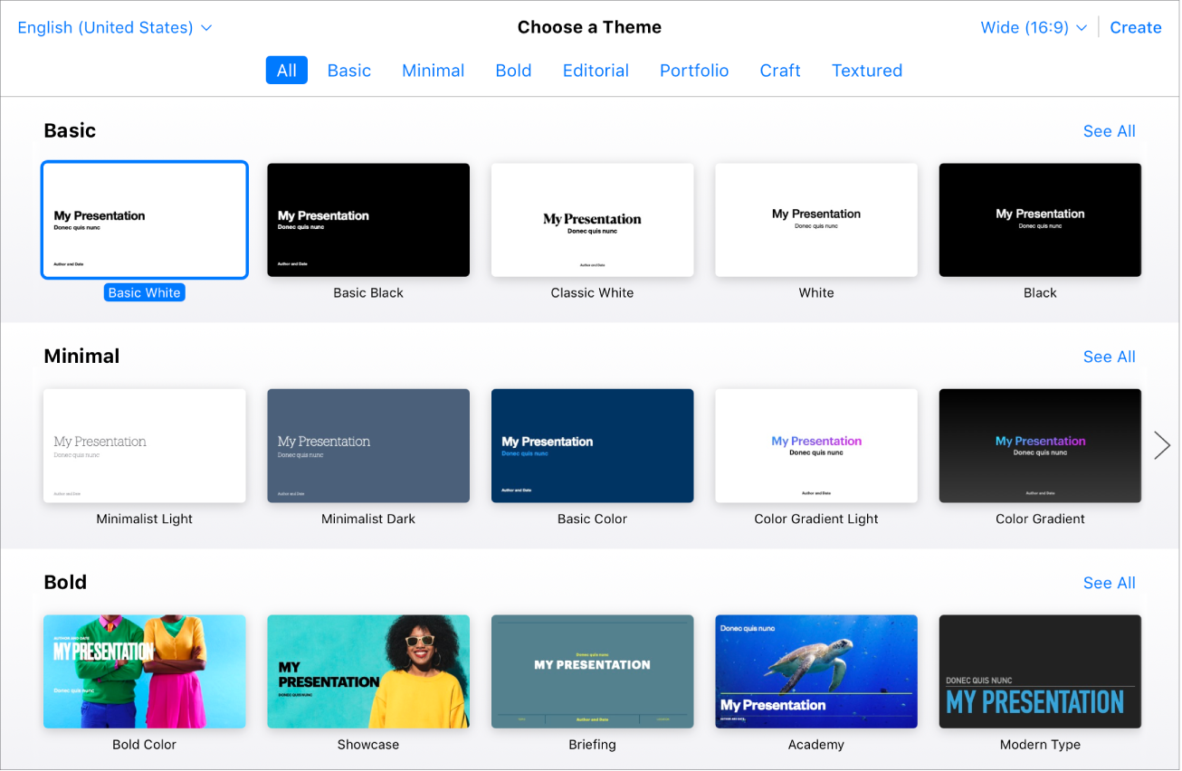 The theme chooser showing several template thumbnails. The Basic White theme is selected.