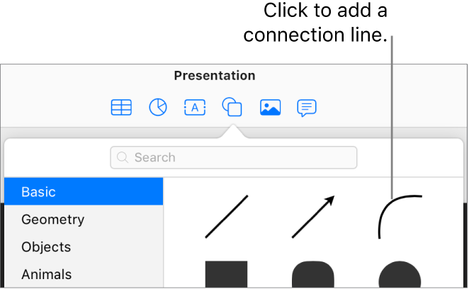 The shapes library is open, with Basic selected on the left and a number of lines and shapes, including a curved line, visible on the right.