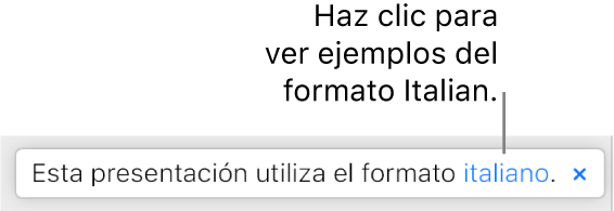 Mensaje que dice “Esta presentación utiliza el formato italiano”.