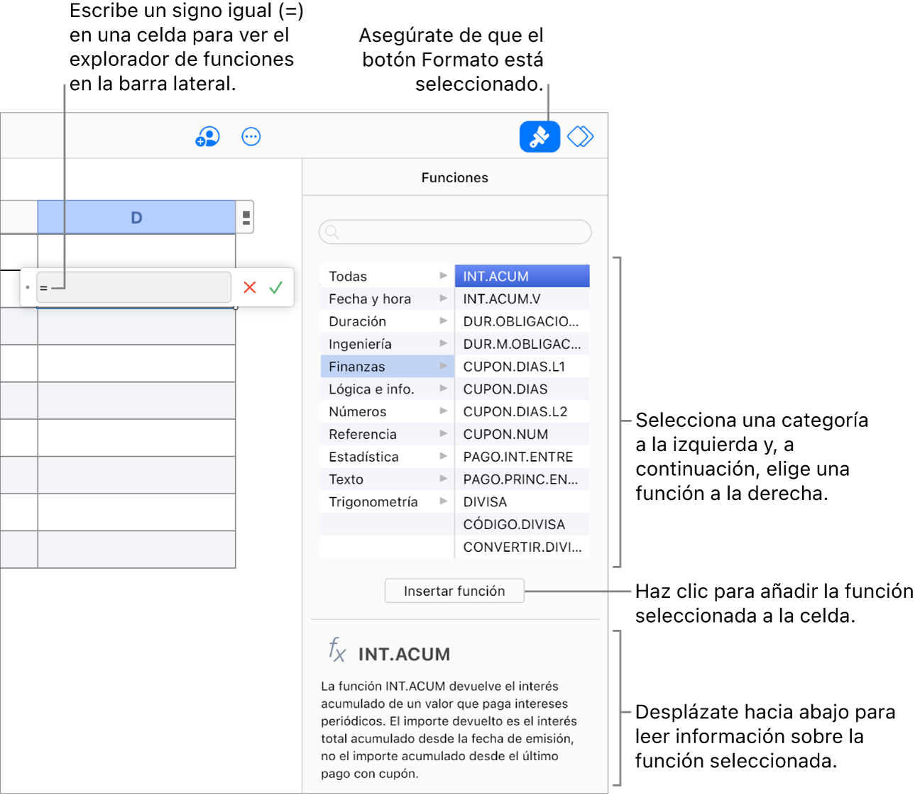 Se muestra un signo igual en una celda de la tabla, el botón Formato está seleccionado en la barra de herramientas y se muestra el explorador de funciones en la barra lateral Formato de la derecha. La función de valor absoluto está seleccionada. Por debajo de la lista de funciones aparece una descripción de la función.