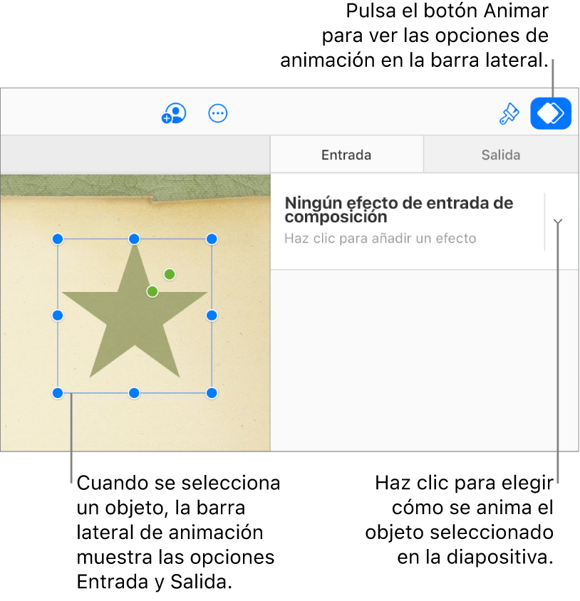 En la diapositiva hay un efecto seleccionado, en la barra de herramientas está seleccionado el botón Animar y, en el menú desplegable Entrada, aparece la opción “Ningún efecto de entrada de composición”.