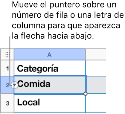 En una tabla se ha seleccionado un número de fila y la flecha abajo se ve a su derecha.