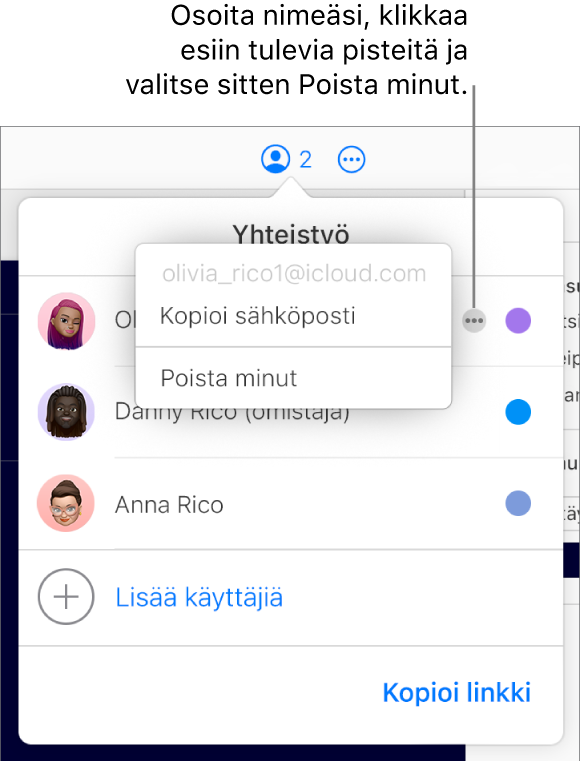 Yhteistyö-valikko on avoinna, ja ensimmäisen osallistujan oikealla puolella on klikattu Lisää-painiketta. Poista minut -valinta on käytettävissä.