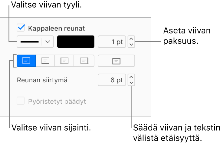 Kappaleen reunat ‑valintaneliö on valittu Muoto-sivupalkin Asettelu-välilehdellä. Valintaneliön alapuolella näytetään säätimet, joilla voi muuttaa viivan tyyliä, väriä, paksuutta, sijaintia ja tekstiin jätettävää väliä.