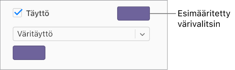 Täyttö-valintaneliö on valittuna sivupalkissa ja valmiiksi määritettyjen värien värivalitsin valintaneliön oikealla puolella on täytetty violetilla. Valintaneliön alla ponnahdusvalikossa on valittuna Väritäyttö.