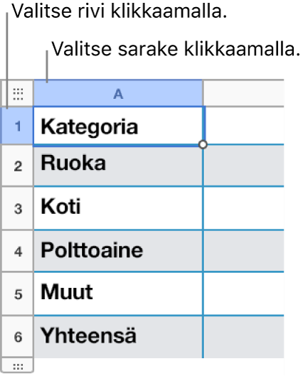 Valittu taulukon rivi sekä rivi- ja sarakevalintojen selitteet.