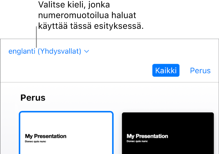 Teemavalitsimen vasemmassa yläkulmassa oleva ponnahdusvalikko, jossa on valittu kieleksi englanti (Yhdysvallat).