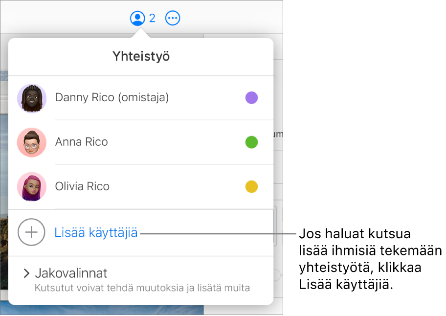 Yhteistyövalikko avoinna, osallistujaluettelon alla on Lisää käyttäjiä -valinta.