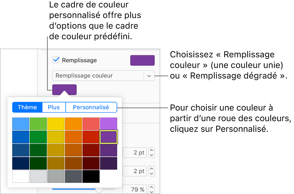 Remplissage couleur est sélectionné dans le menu Remplissage et le cadre de couleur affiché en dessous propose des couleurs de remplissage supplémentaires.