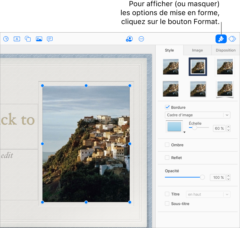 Une image de la présentation est sélectionnée et les commandes disponibles pour modifier son aspect (par exemple la bordure et les ombres) s’affichent dans la barre latérale à droite.