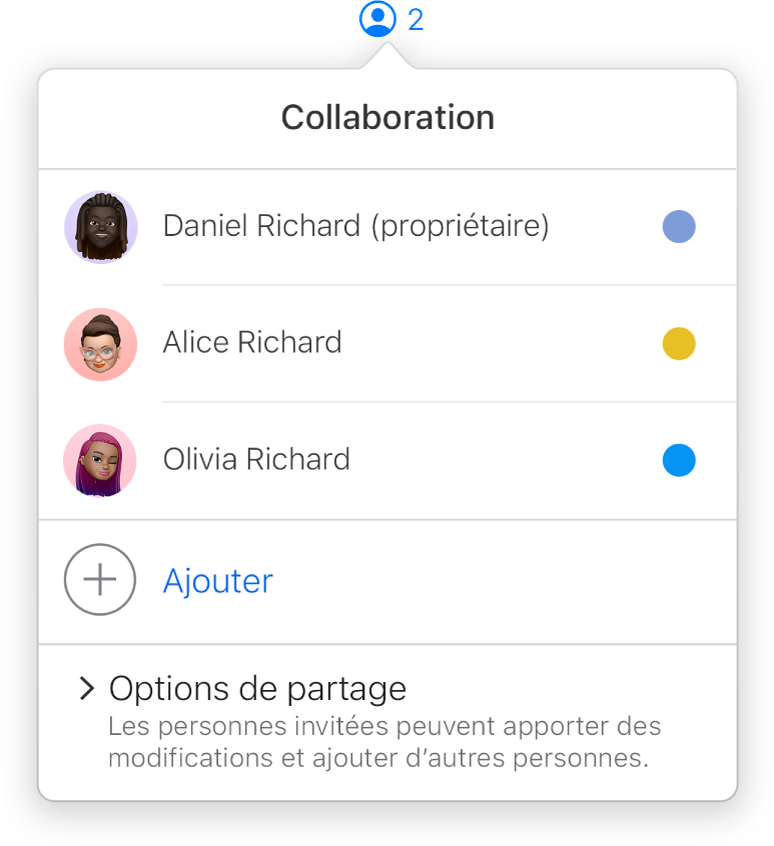 Le menu Collaboration affichant le nom des personnes qui collaborent sur la présentation. Les options de partage se trouvent sous les noms.