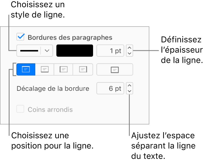 La case « Bordures des paragraphes » est cochée dans l’onglet Disposition de la barre latérale Format, et les commandes permettant de modifier le style de ligne, la couleur, l’épaisseur, la position et le décalage par rapport au texte apparaissent sous la case à cocher.