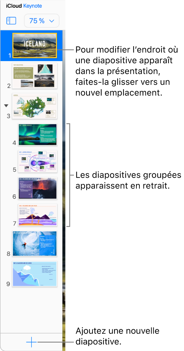 Le navigateur de diapositives de Keynote pour iCloud est ouvert dans la barre latérale gauche et affiche cinq diapositives dans la présentation. Un bouton pour ajouter une nouvelle diapositive se trouve en bas de la barre latérale.