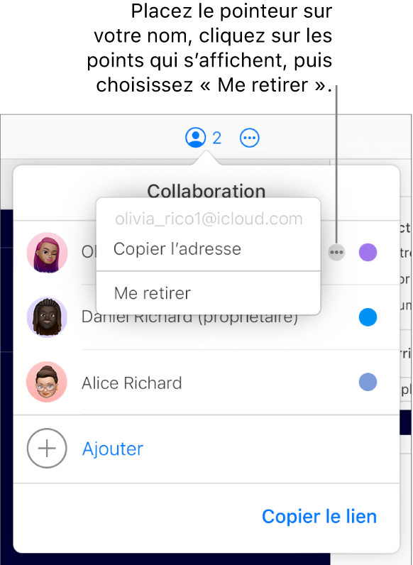 Le menu Collaboration est ouvert, avec un utilisateur cliquant sur le bouton Plus à droite du premier participant et une option Me retirer disponible.