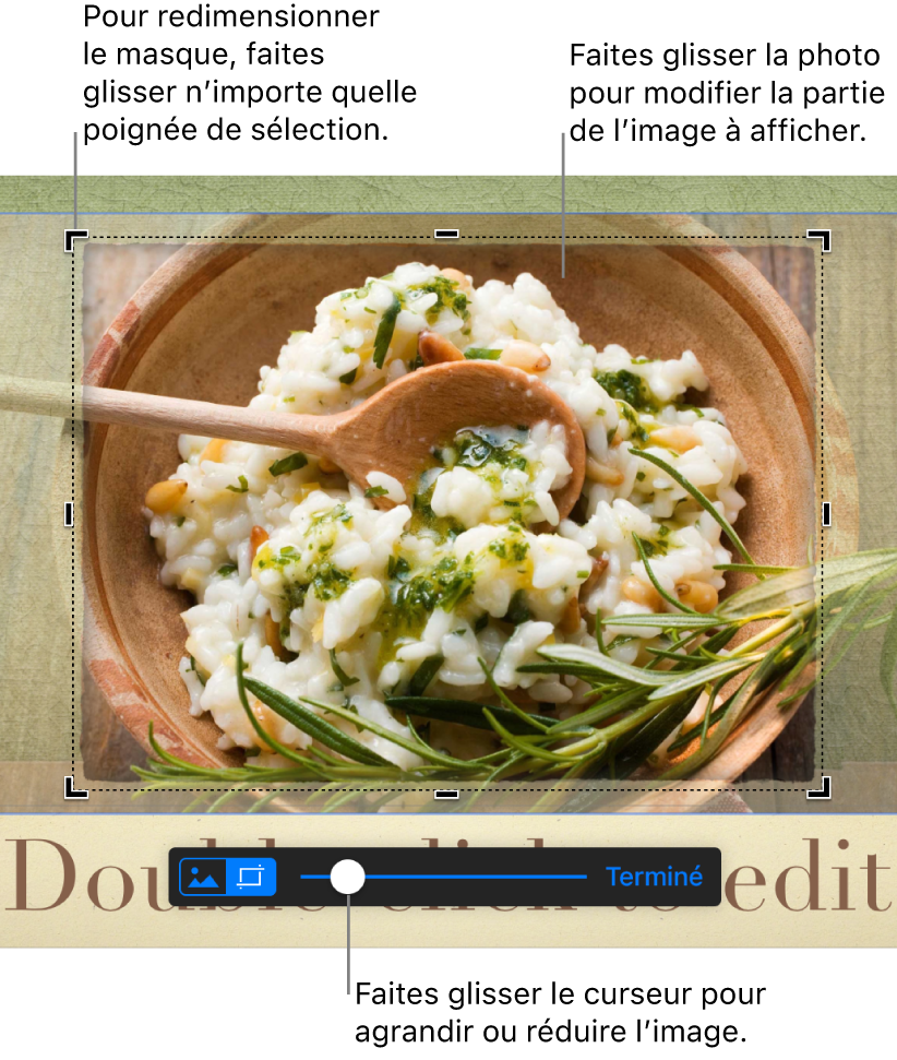 Image sélectionnée avec commandes de Masque visibles en bas. La légende montre une poignée de sélection de coin, les limites de l’image et le curseur de la commande de masque.