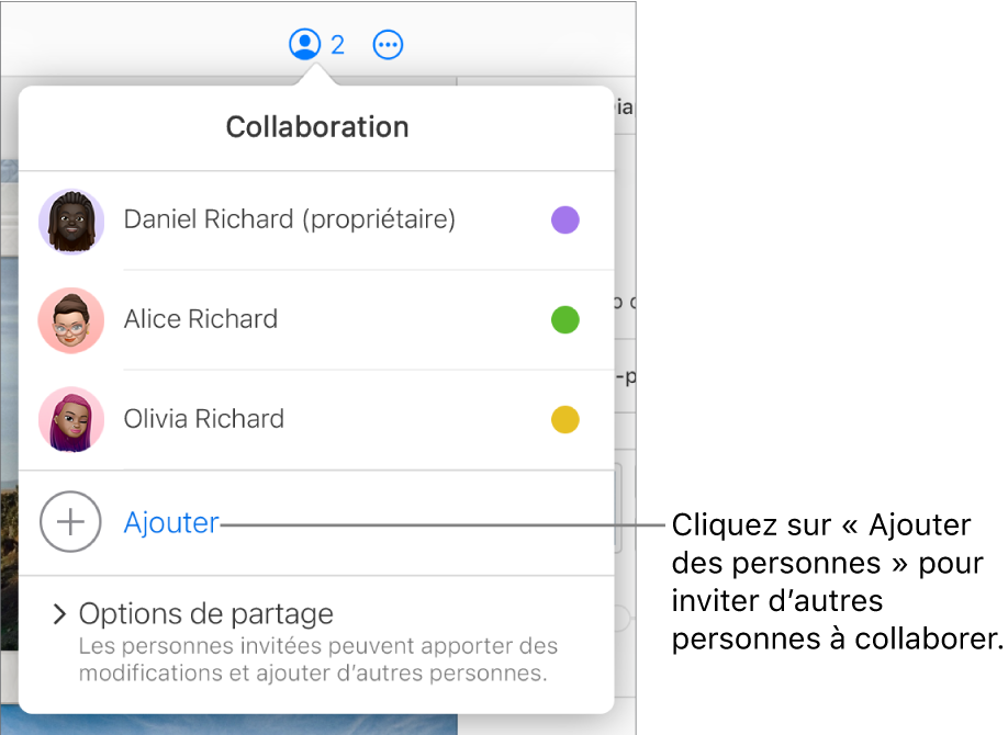 Le menu Collaboration est ouvert, avec une option Ajouter des personnes sous la liste des participants.