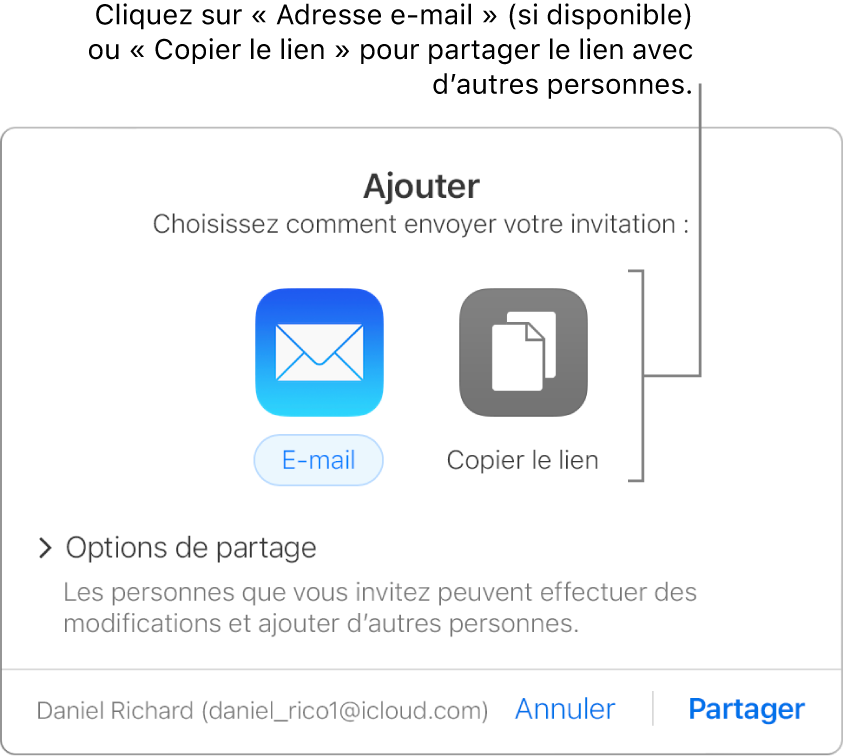 Fenêtre qui apparaît lorsque vous cliquez sur le bouton Collaboration dans la barre d’outils (avant le partage d’une présentation). Les boutons Envoyer le lien par e-mail et Copier le lien vous permettent de choisir comment partager la présentation.