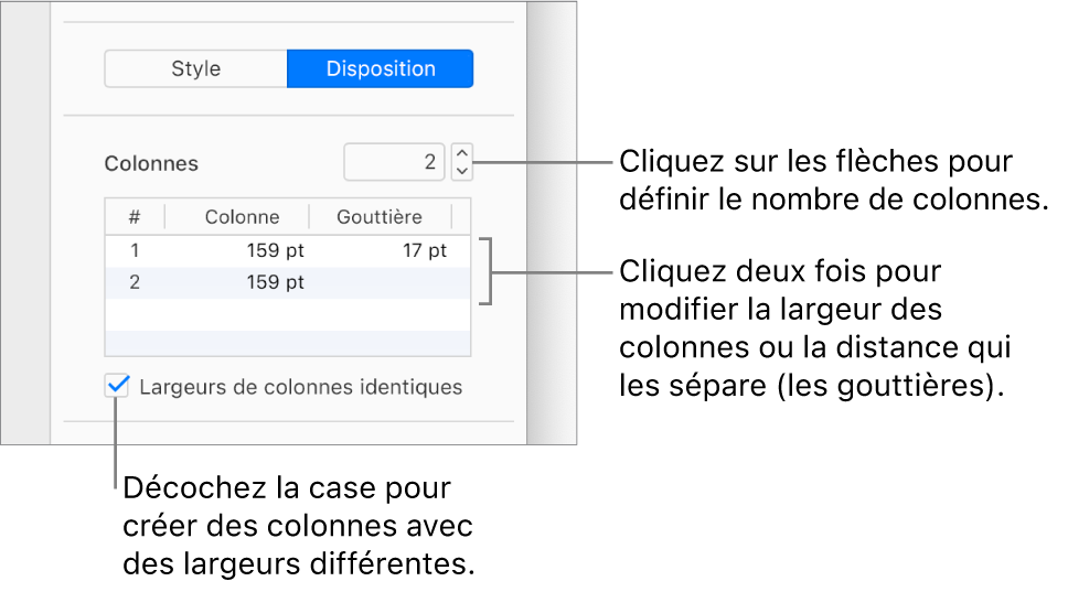 Commandes des colonnes de texte dans la section Disposition de la barre latérale Format.