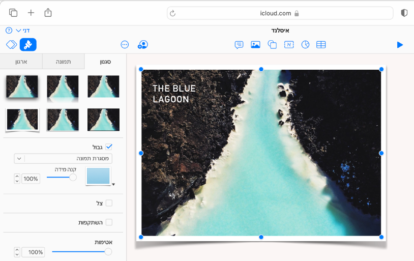 התמונה הנבחרת בשקף מוצגת עם גבול בצורה של מסגרת תמונה, והלשונית ״סגנון״ בסרגל הצד ״עיצוב״ פתוחה כאשר האפשרות ״מסגרת תמונה״ נבחרת בתפריט ״גבול״.