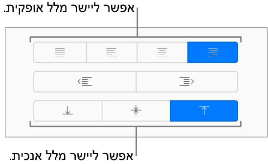 לחצני היישור האנכי והאופקי של מלל בסרגל הצד ״עיצוב״.