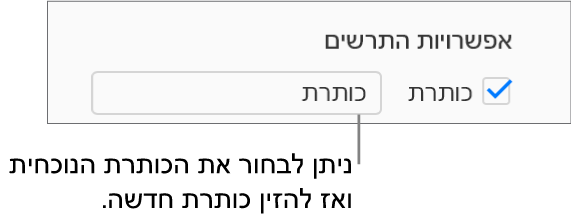 תיבת הסימון ״כותרת״ נבחרת במקטע ״אפשרויות תרשים״ של סרגל הצד ״עיצוב״. שדה המלל מימין לתיבת הסימון מציג את כותרת התרשים של מציין המיקום, 'כותרת'.