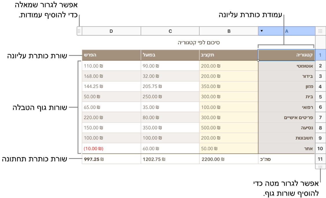 טבלה שמציגה שורות ועמודות של כותרת, גוף מלל ושל כותרת תחתונה ושבה ניתן להוסיף או למחוק שורות או עמודות.