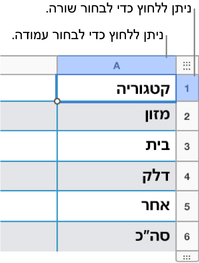 שורה נבחרת עם הסברים המצביעים על בחירת השורה והעמודה.