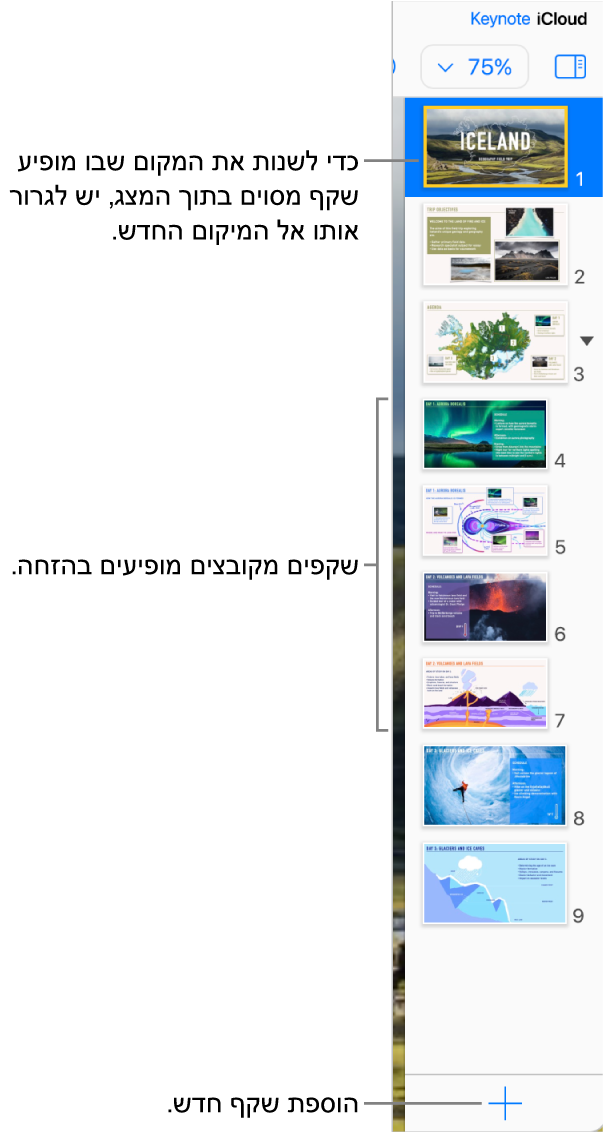 נווט השקפים ב-Keynote עבור iCloud פתוח בסרגל הצד הימני ומציג חמישה שקפים במצגת. בחלק התחתון של סרגל הצד יש כפתור להוספת שקף חדש.