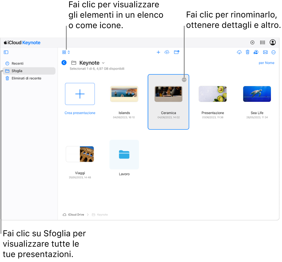 Il gestore documenti nella vista Sfoglia, che mostra le presentazioni Keynote come icone in una vista a griglia. Il pulsante Altro (tre punti) è visibile nell’angolo in alto a destra della presentazione selezionata. Sopra le presentazioni, nel lato sinistro della barra strumenti è presente un menu a comparsa in cui si può scegliere di visualizzare gli elementi come icone o in un elenco. Sul lato sinistro della barra strumenti sono presenti i pulsanti per effettuare il download, collaborare, inviare email o eliminare i documenti.