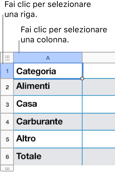 Una riga di tabella selezionata con didascalie sulle selezioni di riga e colonna.