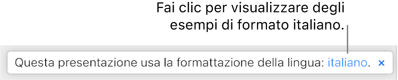 Un messaggio che indica che nella presentazione è in uso la formattazione della lingua italiana.