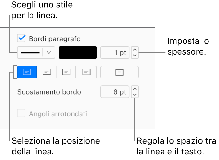 La casella “Bordi paragrafo” è selezionata nel pannello Layout della barra laterale Formato e i controlli per modificare lo stile, il colore, lo spessore, la posizione e la distanza dal testo sono visualizzati sotto alla casella.