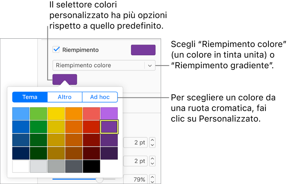 Riempimento colore è selezionato nel menu a comparsa sotto il riquadro Riempimento, e il riquadro colore sotto al menu a comparsa mostra maggiori opzioni di riempimento colore.