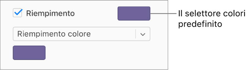 Il riquadro Riempimento viene selezionato e l’area dei colori predefinita a destra della casella ha un riempimento di colore viola. Sotto il riquadro, viene selezionato Riempimento colore in un menu a comparsa.