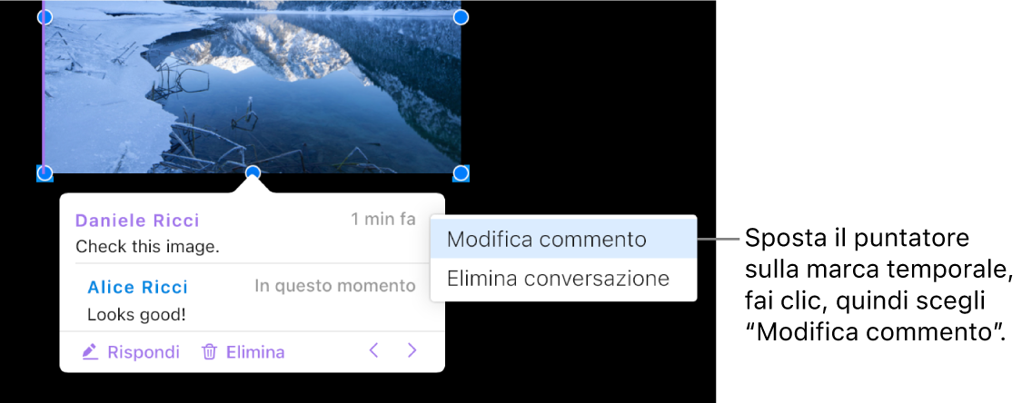 Un commento viene aperto, in alto il puntatore si trova sull’indicazione dell’ora dell’ultimo salvataggio. Un menu a comparsa mostra due opzioni: “Modifica commento” ed “Elimina conversazione”.