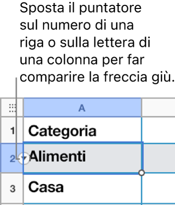 Un numero di riga selezionato in una tabella, con una freccia verso il basso visibile alla sua destra.