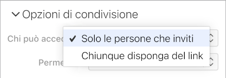 Il menu a comparsa “Chi può accedere” nelle Opzioni di condivisione.