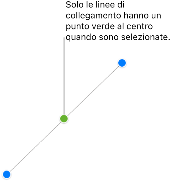 È selezionata una linea di collegamento diritta; alle estremità sono visualizzate le maniglie blu di selezione e al centro un punto verde.