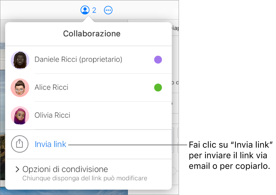 Il menu Collaborazione aperto, con un’opzione “Invia link” sotto l’elenco dei partecipanti.