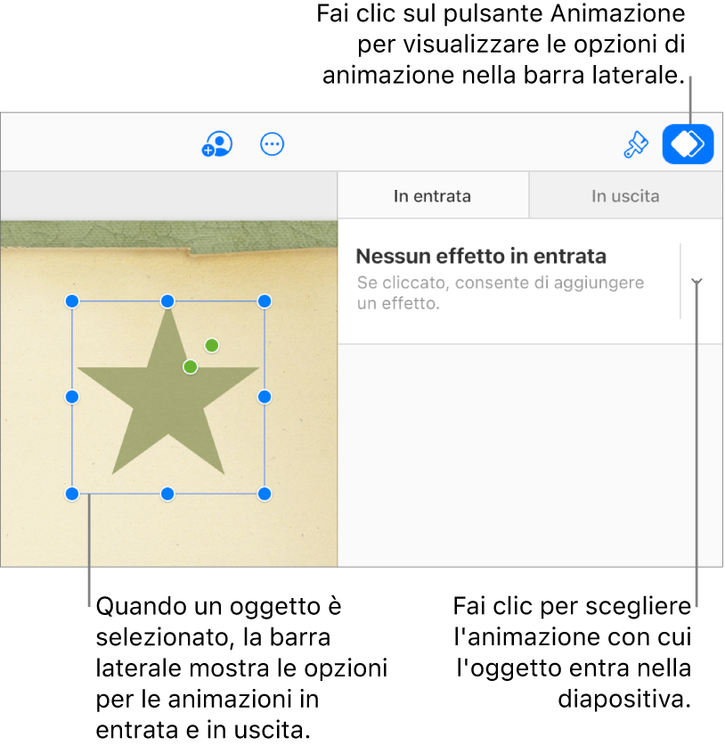 Il pulsante Animazione viene selezionato nella barra strumenti e “Nessun effetto in entrata” viene visualizzato nel menu a comparsa “In entrata” nella barra laterale.