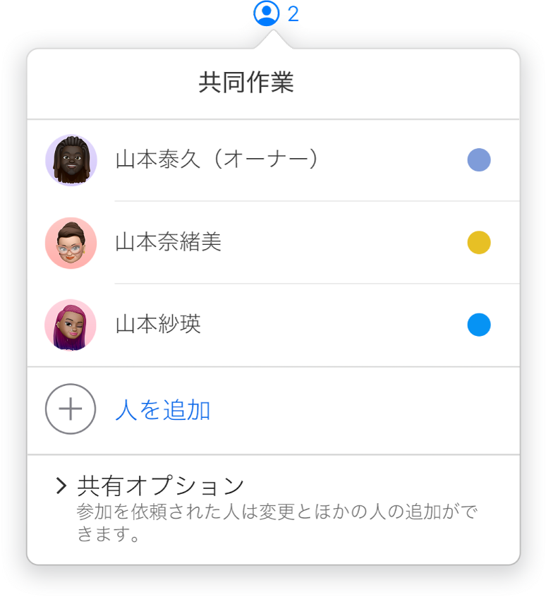 プレゼンテーションを共同作業している人々の名前を示す「共同作業」メニュー。「共有」オプションは名前の下にあります。