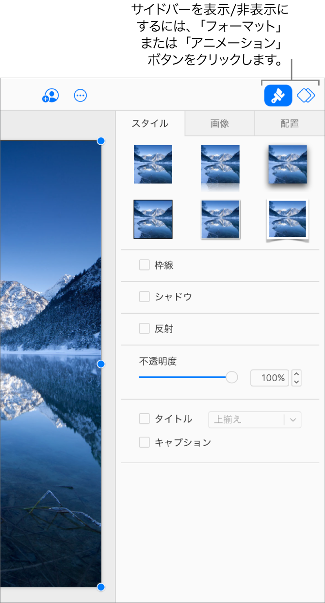 ツールバーの「フォーマット」ボタンが選択され、スライドの右側のサイドバーには、スタイルやシャドウなどの書式設定コントロールが表示されています。