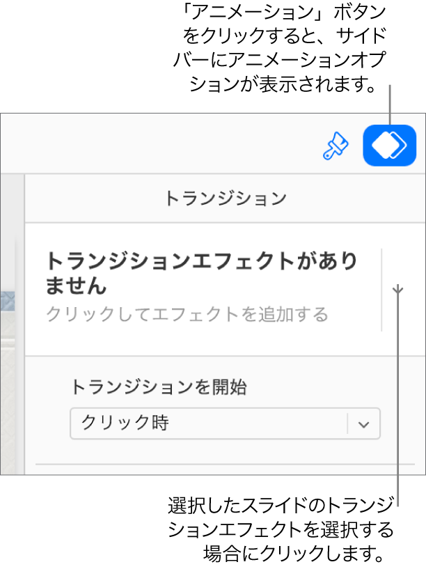 ツールバーでは「アニメーション」ボタンが選択され、サイドバーの「トランジション」ポップアップメニューには「ビルドインエフェクトなし」と表示されています。