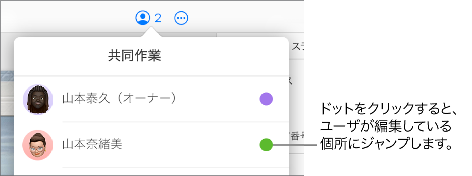 「共同作業」メニューが開き、2人の参加者と、それぞれの名前の右側に別の色のドットが表示されている。