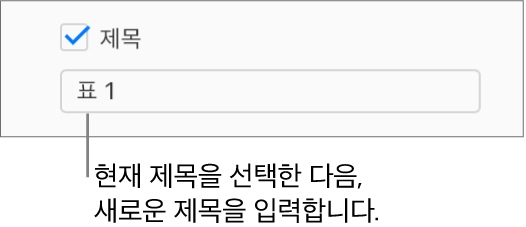 포맷 사이드바에서 제목 체크상자가 선택되어 있습니다. 체크상자 아래의 텍스트 필드에 위치 지정자 표 제목 ‘제목 1’이 표시되어 있습니다.