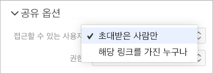 공유 옵션의 '접근할 수 있는 사용자' 팝업 메뉴.