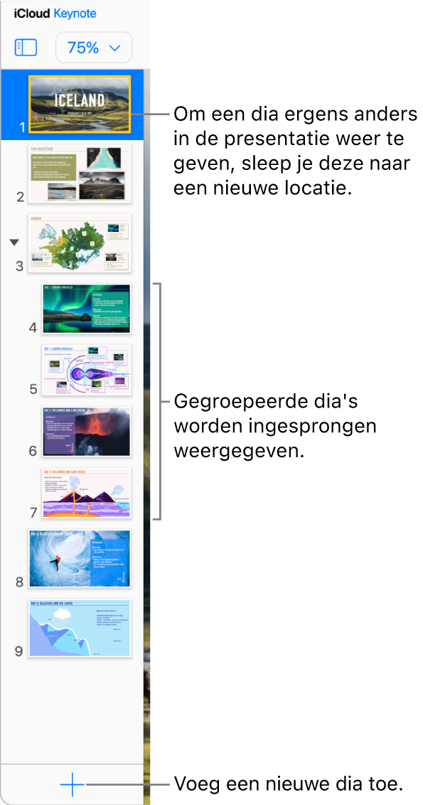 Het dianavigatiepaneel van Keynote voor iCloud staat open in de linkernavigatiekolom en er worden vijf dia's van de presentatie weergegeven. Onderaan de navigatiekolom staat een knop om een nieuwe dia aan de presentatie toe te voegen.
