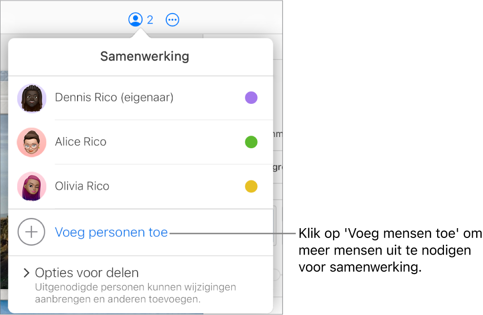 Het geopende samenwerkingsmenu met de optie 'Voeg mensen toe' onder de lijst met deelnemers.