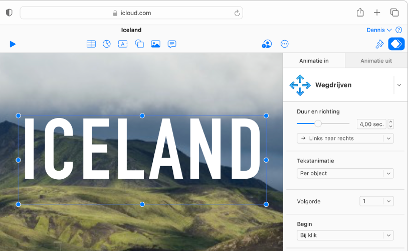 Een tekstvak is geselecteerd op een dia en de tab 'Animatie in' is geselecteerd bovenaan de navigatiekolom 'Animatie' aan de rechterkant. De animatie 'Wegdrijven' is geselecteerd in een pop‑upmenu en opties voor het aanpassen van de animatie worden daaronder in de navigatiekolom weergegeven.